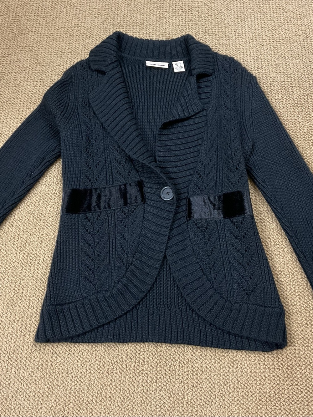 DKNY Black Knit Shawl-Collar Cardigan with Velvet Trim